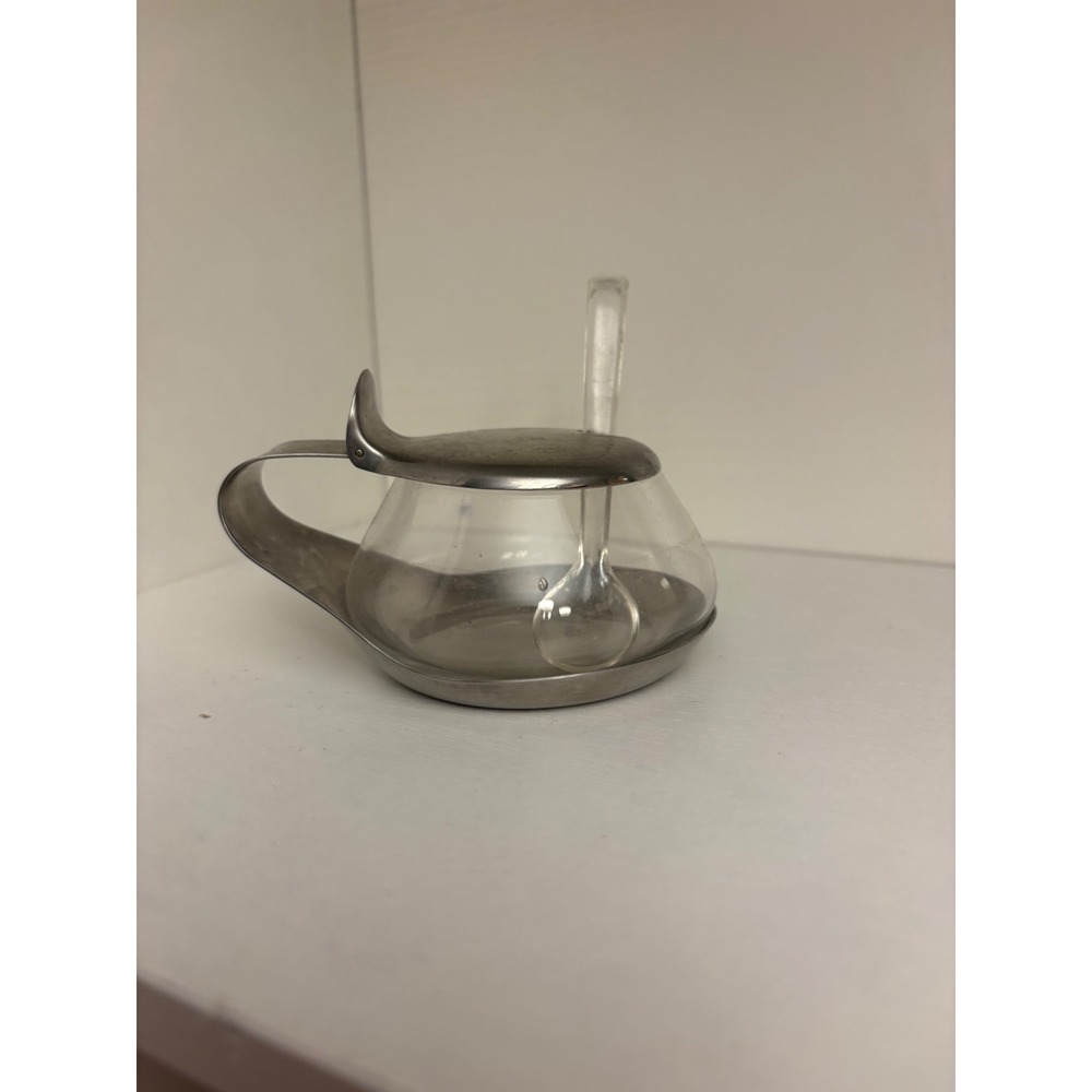 Vintage MCM Stainless Steel and Glass Jam Pot with Spoon Germany Mid Century